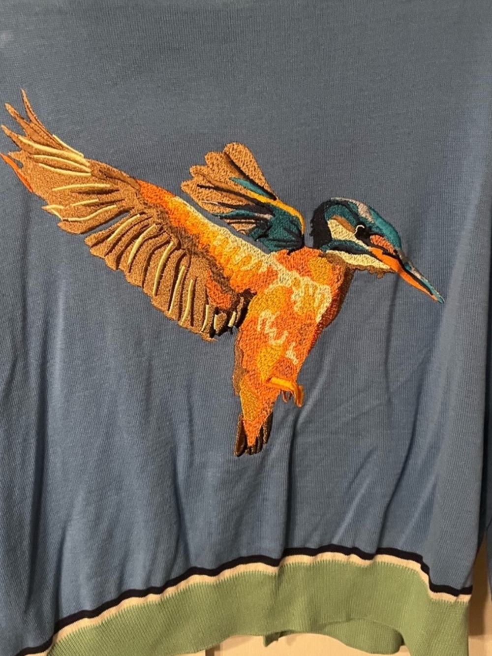 PALAVA Blue & Green Contrast-Trim Cardigan Sweater kingfisher bird embroidered